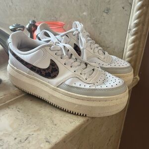 Nike White with Leopard accent Platform Court Vista Sneakers